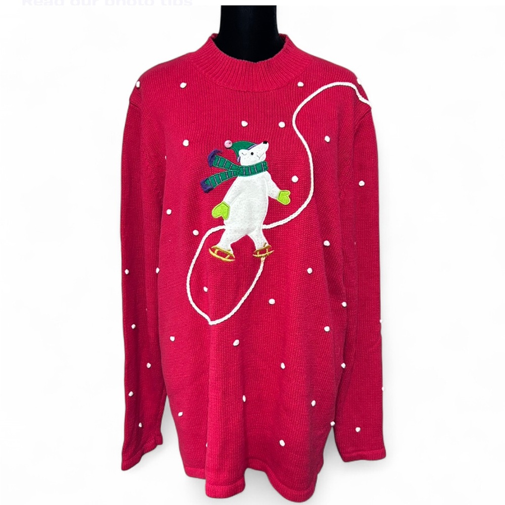 CINNAMON CINDER Red Knit Vintage  Christmas Sweat W/Polar Bear Design XXL